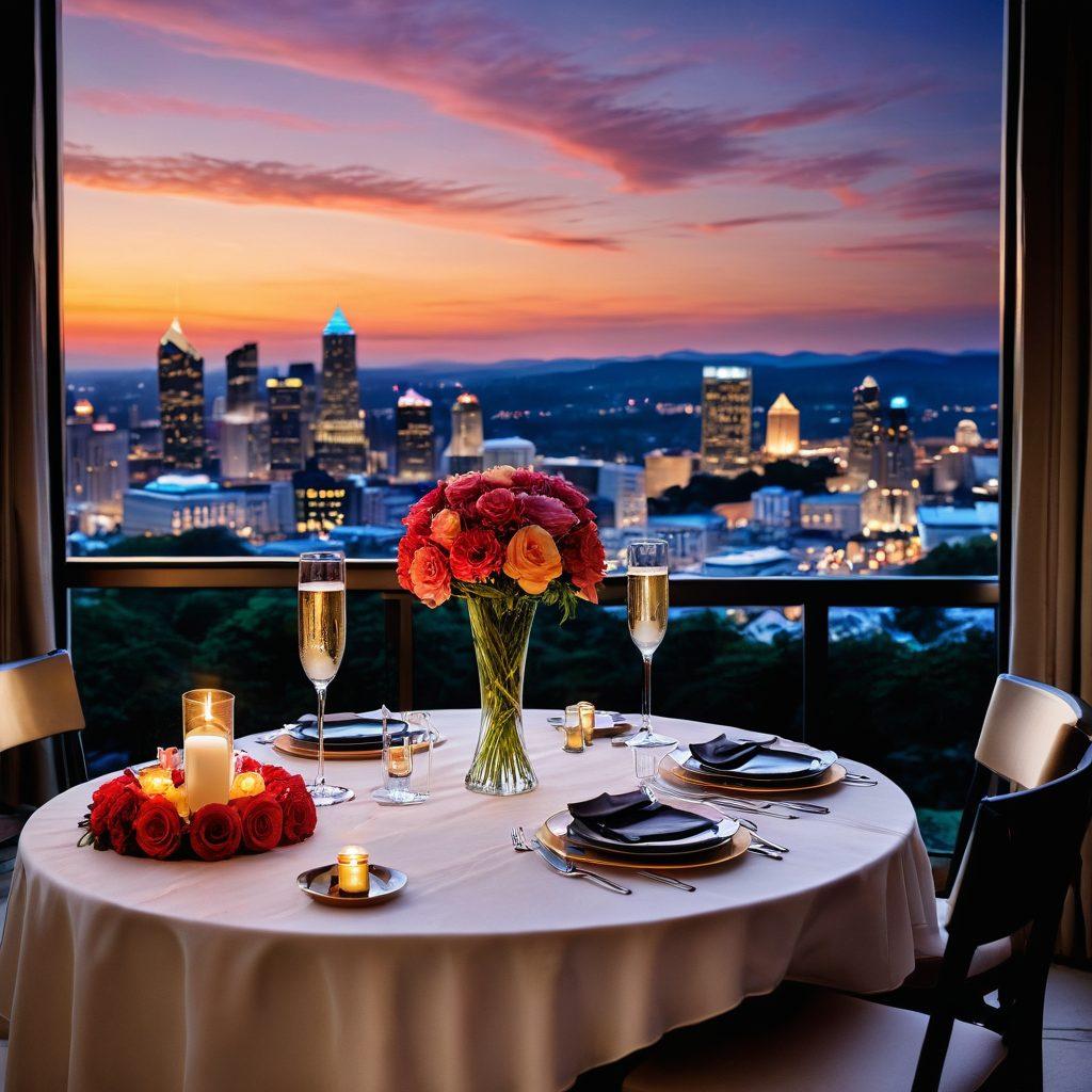 A romantic, luxurious couples retreat scene set against the breathtaking backdrop of Atlanta's skyline at sunset. Include an elegant outdoor dinner setup with a beautifully decorated table for two, adorned with flickering candles, lush flowers, and fine dining elements. Soft, warm lighting creates an intimate atmosphere, while the city lights begin to twinkle in the distance. Add plush seating and a bottle of champagne to enhance the romantic vibe. super-realistic. vibrant colors. twilight setting.