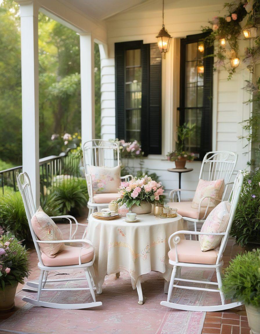A cozy Southern porch adorned with vintage rocking chairs and soft pastel cushions, surrounded by blooming magnolias and twinkling fairy lights. A beautifully set table with fine china and glasses, topped with a bouquet of wildflowers, inviting guests to experience warmth and charm. Sunlight filters through the leaves, casting a warm glow on the scene, evoking elegance and romance. painting. vibrant colors. soft focus.