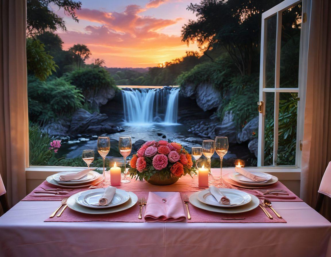 A romantic dinner setup with a beautifully set table for two, complete with elegant china and candlelight, overlooking a breathtaking sunset view. Lush greenery surrounds the scene, and nearby, a gentle waterfall adds serenity. The sky is painted in vibrant hues of orange and pink, enhancing the intimate atmosphere of the ultimate couples escape. super-realistic. vibrant colors. serene background.
